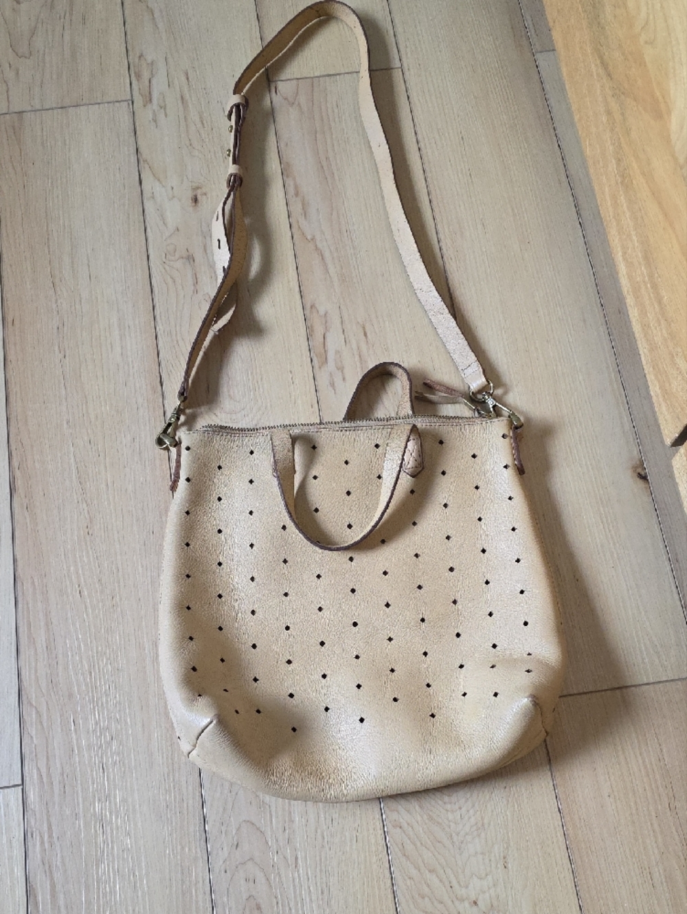 Beige Perforated Leather Tote Bag with Shoulder Strap